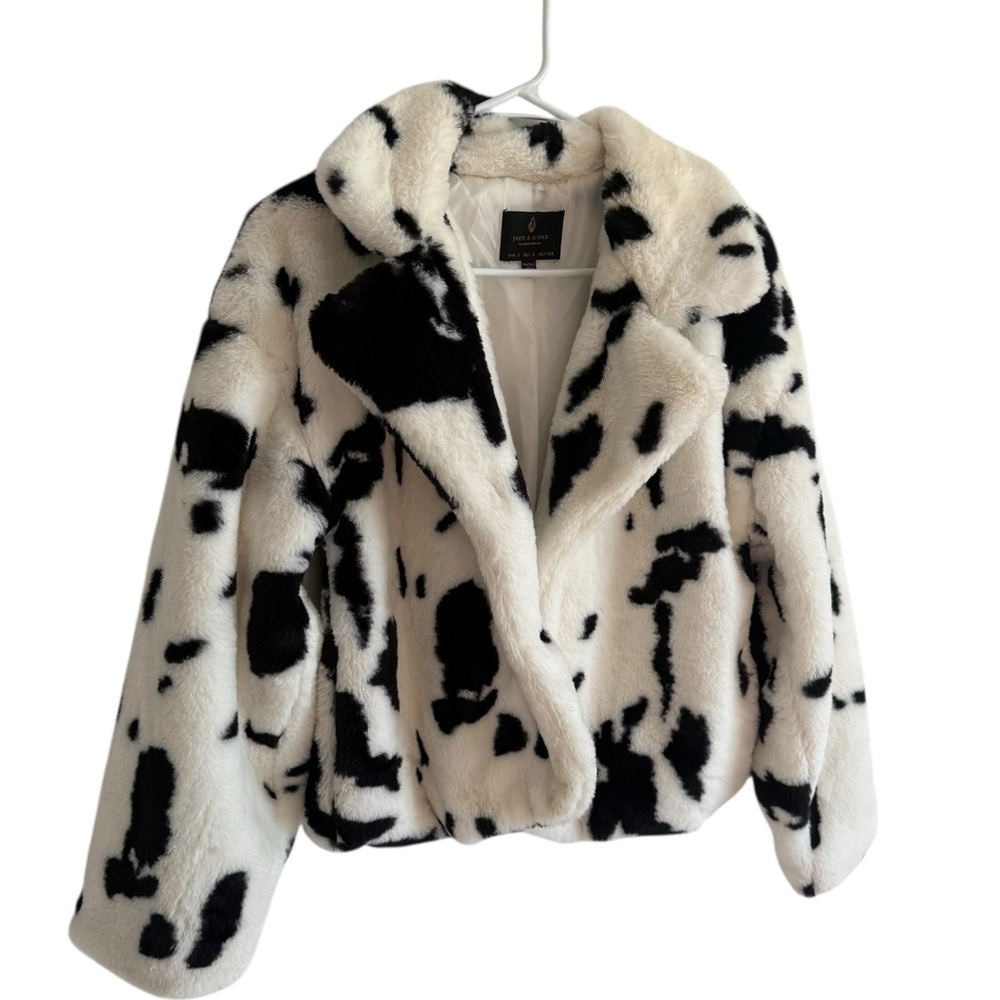 Jade & Ivory White and Black Cow Print Faux Fur Cropped Jacket, Size Small - Picture 2 of 6